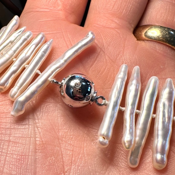 Baroque Knotted Fresh Water Stick Pearl Choker & Pavé Diamond Clasp - Picture 5 of 10